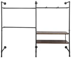 Wall Mounted Pipeline Display, 2 Shelves, 1 Dual Spoke Bar, 2 Hang Racks – Dark Brown