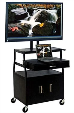 TV Cart With Storage Cabinet & Drawer, With Mount For Monitors Up To 52"- Black