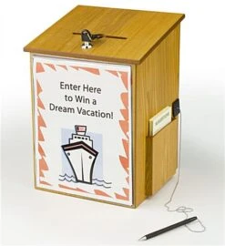 Wooden Ballot Box W/ Sign Holder, Side Pocket, Pen & Lock, Wall Or Counter - Oak