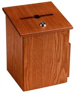 Wooden Ballot Box W/ Side Pocket, Pen & Lock, Wall Or Countertop - Oak