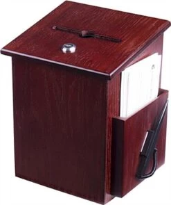 Wooden Ballot Box W/ Side Pocket, Pen & Lock, Wall Or Countertop - Red Mahogany