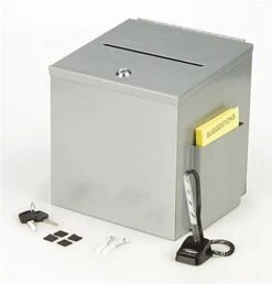 Metal Ballot Box W/ Side Pocket, Pen & Lock, Wall Or Countertop - Silver