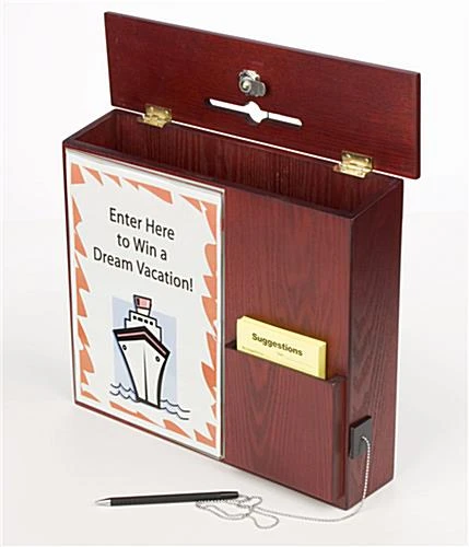 Wooden Ballot Box W/ Sign Holder, Pocket, Pen & Lock, Wall Or Countertop - Mahogany - Image 2