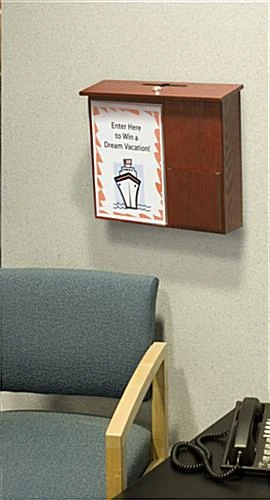 Wooden Ballot Box W/ Sign Holder, Pocket, Pen & Lock, Wall Or Countertop - Mahogany - Image 3