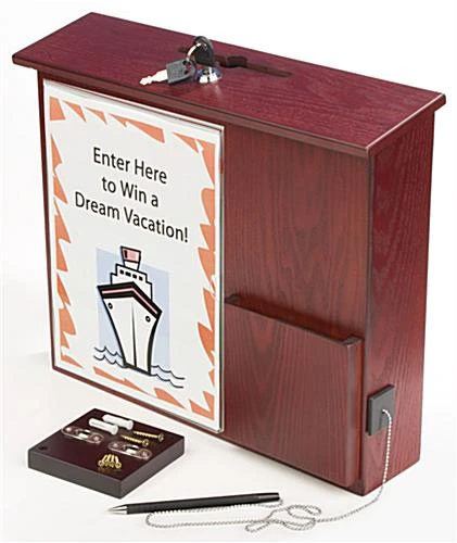 Wooden Ballot Box W/ Sign Holder, Pocket, Pen & Lock, Wall Or Countertop - Mahogany
