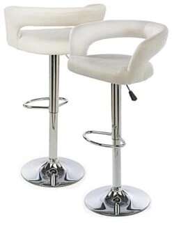 Adjustable Stool W/ Leathette Seat, 360° Swivel, Backrest, Armrests, Set Of 2 - White