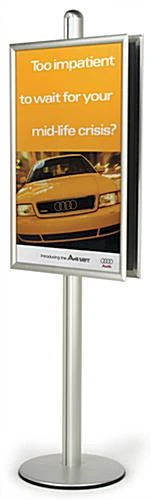 24 X 36 Poster Stand, Snap Open, 2-Sided, 6 Feet Tall, Round Base, Silver