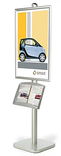 24x36 Poster Stand With Literature Holder, 4"/8.5"w, Open Shelf, Snap Open - Silver