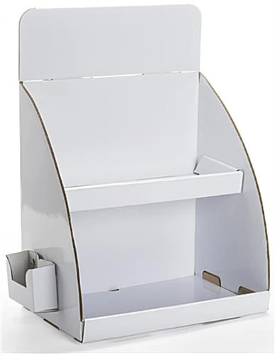 Countertop Cardboard Display, 2 Tiers, Removable Header, Side Brochure Pocket - White