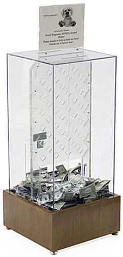 Donation Box With Prize Drop Board & Lock, Floorstanding W/ Walnut Wood Base - Clear