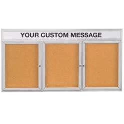 72 X 36-Inch Enclosed Cork Board With Custom Header, 3 Locking Doors - Silver