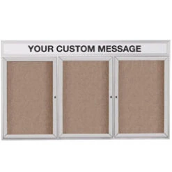 72 X 48-Inch Enclosed Bulletin Board With Custom Header, 3 Locking Doors - Silver