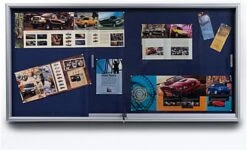 72 X 36 Enclosed Bulletin Board W/ Sliding Doors, Locking - Silver With Blue Fabric