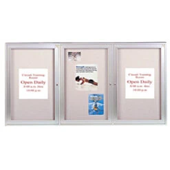 96 X 48-Inch Enclosed Bulletin Board With 3 Locking Doors - Silver W/ Gray Fabric