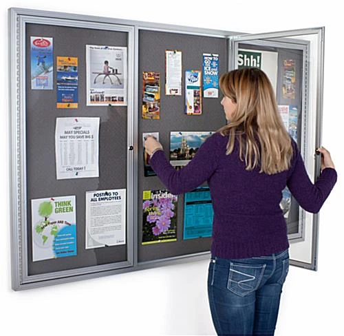 72 X 48 Enclosed Bulletin Board With 3 Locking Doors - Silver With Gray Fabric - Image 3