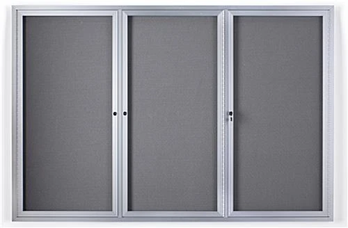 72 X 48 Enclosed Bulletin Board With 3 Locking Doors - Silver With Gray Fabric