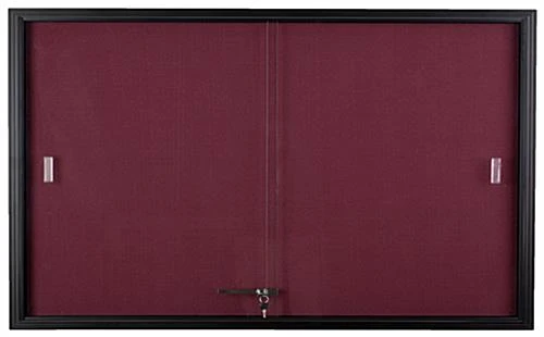 60” X 36” Enclosed Bulletin Board W/ Sliding Doors, Locking – Black W/ Maroon Fabric - Image 2
