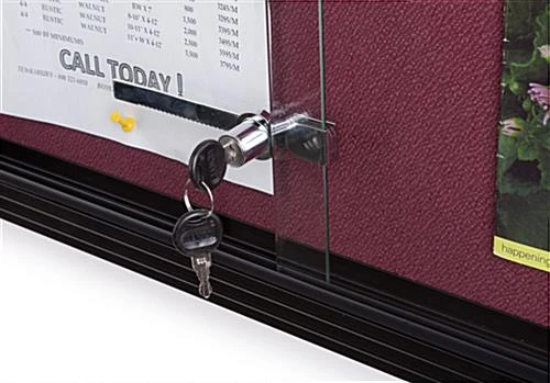 60” X 36” Enclosed Bulletin Board W/ Sliding Doors, Locking – Black W/ Maroon Fabric - Image 5