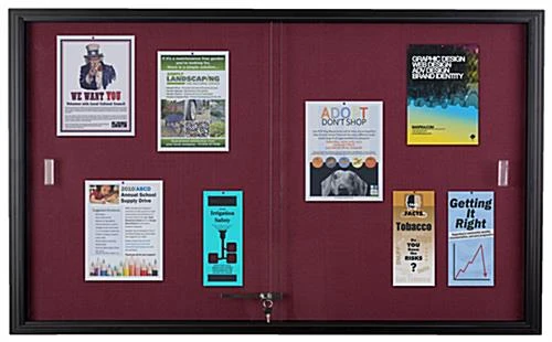 60” X 36” Enclosed Bulletin Board W/ Sliding Doors, Locking – Black W/ Maroon Fabric