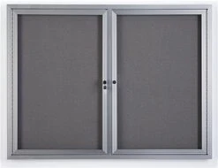 48 X 36 Enclosed Bulletin Board W/ Swing Doors, Locking - Silver With Gray Fabric