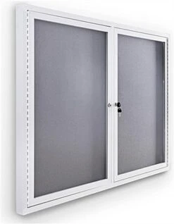 48 X 36 Enclosed Bulletin Board With 2 Locking Swing Doors - White With Gray Fabric
