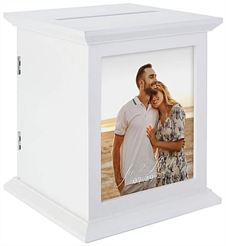 Wooden Card Box With 8 X 10 Frame, Top Insert, Hinged Back Door, Countertop - Ivory - Image 3