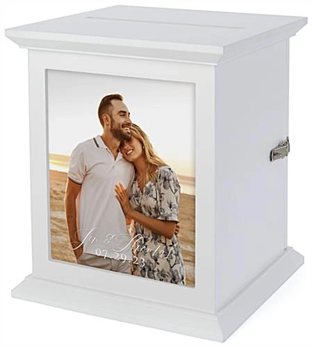 Wooden Card Box With 8 X 10 Frame, Top Insert, Hinged Back Door, Countertop - Ivory - Image 6