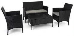 Patio Set W/ 16"h Table, Outdoor, Cushioned Sofa & 2 Chairs, Synthetic Rattan