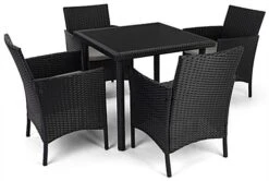 Dining Set W/ 29"h Table, Outdoor, 4 Cushioned Chairs, Synthetic Rattan - Dark Brown