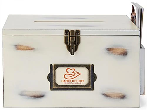 Wooden Card Box W/ Side Pocket, 4 X 2 Signage Frame, Top Insert, Countertop - Ivory - Image 2