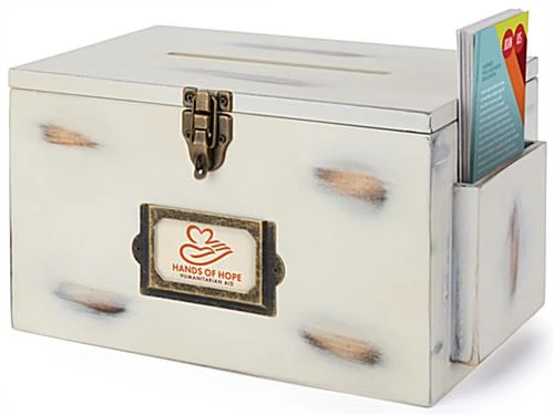 Wooden Card Box W/ Side Pocket, 4 X 2 Signage Frame, Top Insert, Countertop - Ivory - Image 3