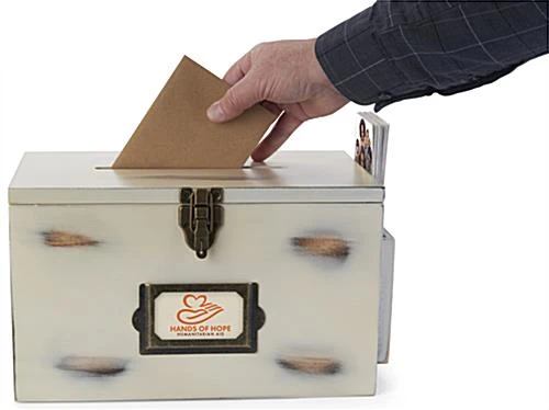 Wooden Card Box W/ Side Pocket, 4 X 2 Signage Frame, Top Insert, Countertop - Ivory - Image 7