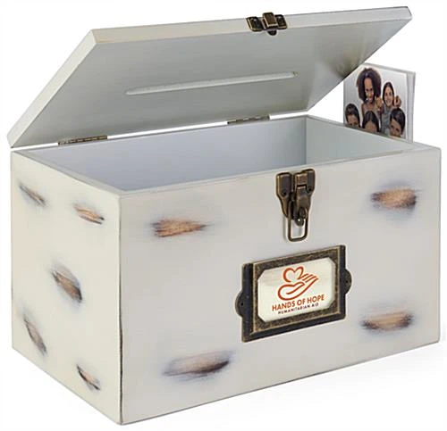 Wooden Card Box W/ Side Pocket, 4 X 2 Signage Frame, Top Insert, Countertop - Ivory - Image 8