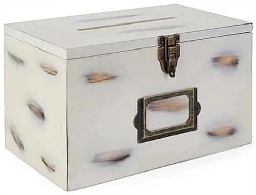 Wooden Card Box W/ Side Pocket, 4 X 2 Signage Frame, Top Insert, Countertop - Ivory