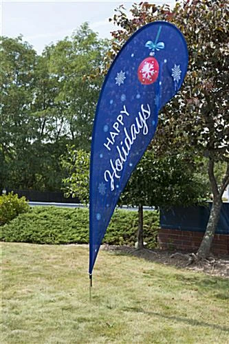 11' Teardrop Flag & Ground Spike W/ Preprinted “Happy Holidays” Message - Blue - Image 2