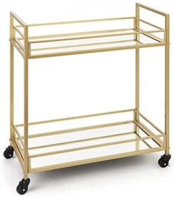 28 X 31 Metal Bar Cart W/ Rectangle Shape, 2-Tiered Shelving, Caster Wheels - Gold