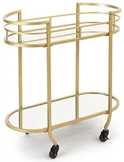 29 X 29 Metal Bar Cart W/ Oval Shape, 2-Tiered Shelving, Caster Wheels - Gold