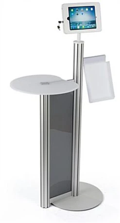 IPad Floor Stand W/ Locking Enclosure & Acrylic Tabletop, Magazine Pocket - Silver