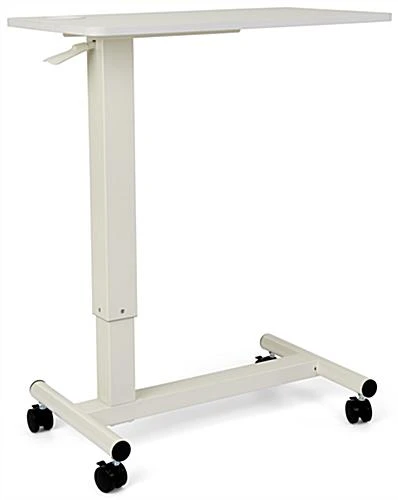 28" Height Adjustable Bedside Desk, Gas Assist With Wheels, Cup Holder - White