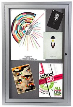 24 X 36 Enclosed Bulletin Board With Locking Door - Silver With Gray Fabric