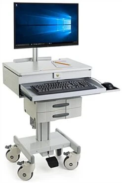 Computer Cart For (1) 15”-27” Screens, Height Adjustable, Drawers & CPU Holder – Gray