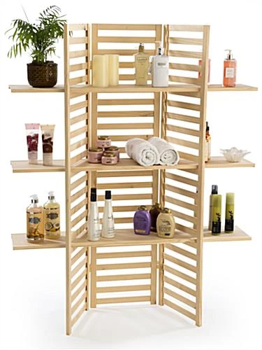 Wooden Retail Shelving Unit W/ 3 Shelves, Folding Panels - Pine Wood - Image 2