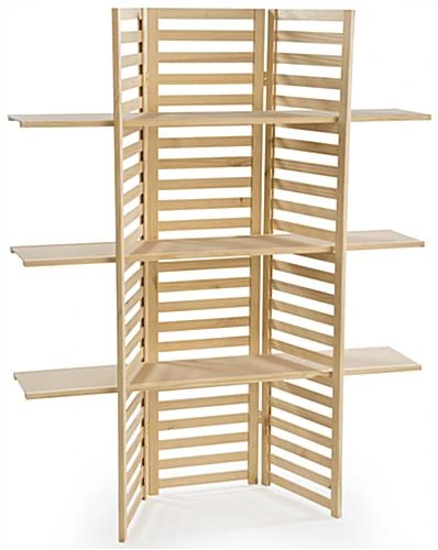 Wooden Retail Shelving Unit W/ 3 Shelves, Folding Panels - Pine Wood