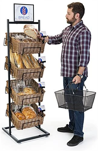 4-Tiered Basket Display Stand, Brown Wicker Bins, Sign Clips And Header - Black - Image 6