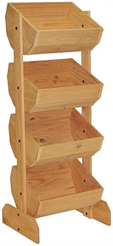 Tiered Wooden Display, Floor Standing, Pine Frame, 4 Bins – Oak