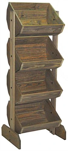 Tiered Wooden Display, Floor Standing, Pine Frame, 4 Bins – Weatherwood