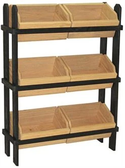 Tiered Wooden Display, Floor Standing, 6 Removable Bins - Black & Oak