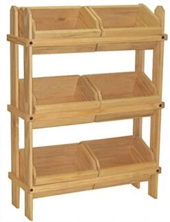 Tiered Wooden Display, Floor Standing, 6 Removable Bins – Oak