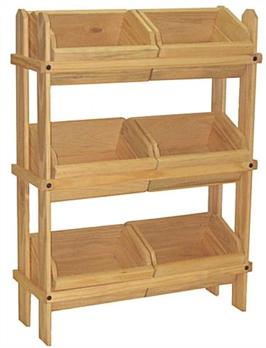 Tiered Wooden Display, Floor Standing, 6 Removable Bins – Oak