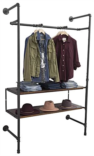 Wall Mounted Pipeline Display, 2 Shelves, 1 Dual Spoke Hanging Bar – Dark Brown - Image 3